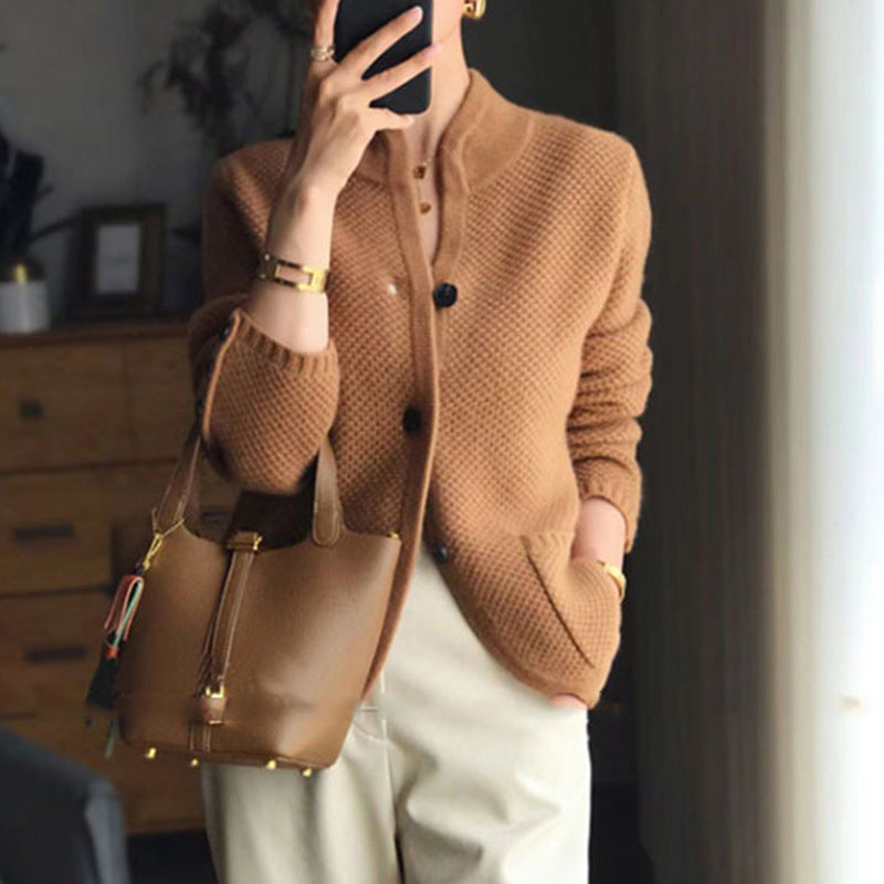 Korean-Style Stand-Collar Knit Cardigan