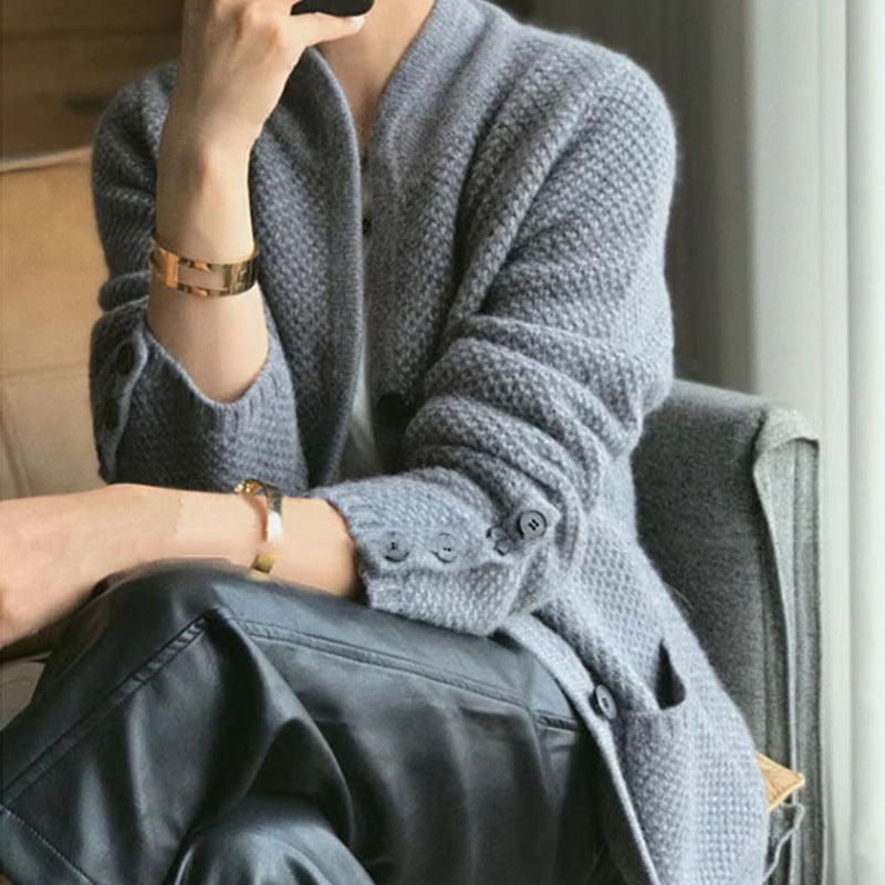 Korean-Style Stand-Collar Knit Cardigan
