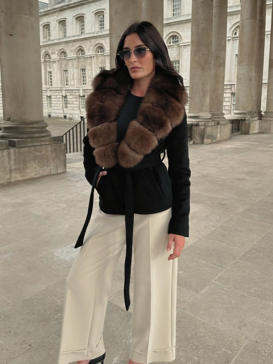 Elegant Fur Collar Woolen Coat with Belt
