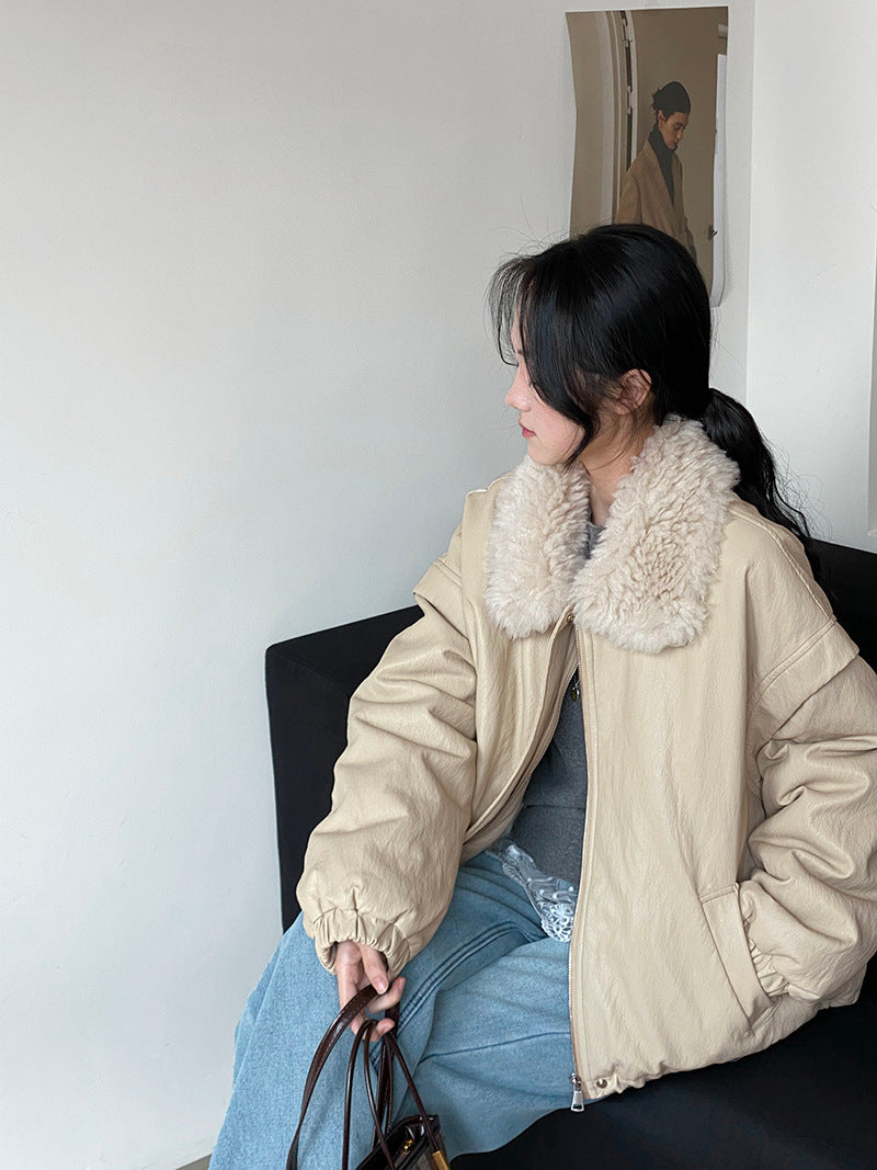 Women's Retro PU Leather Down Jacket