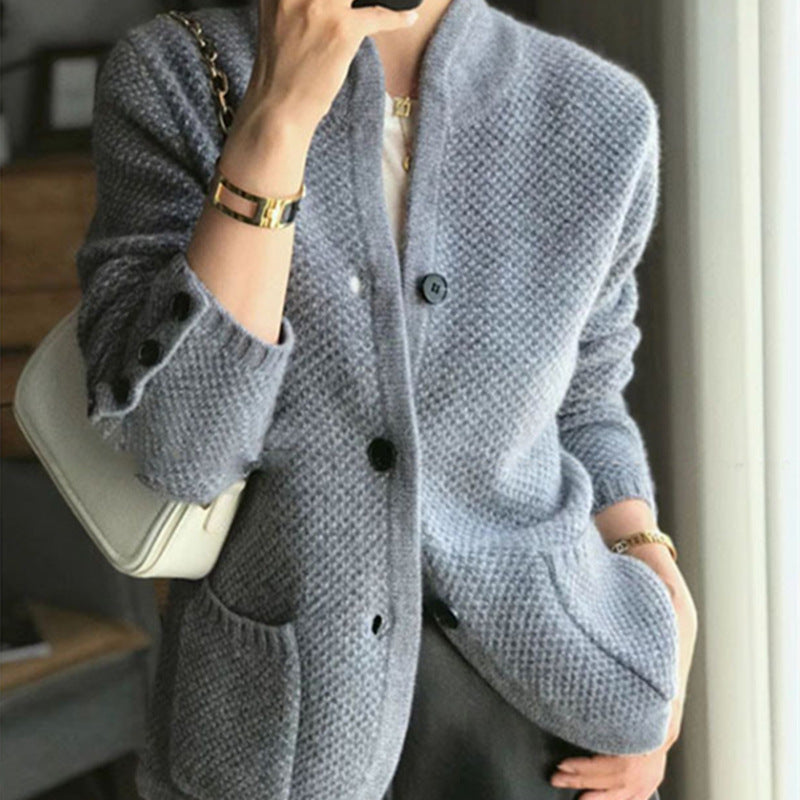 Korean-Style Stand-Collar Knit Cardigan
